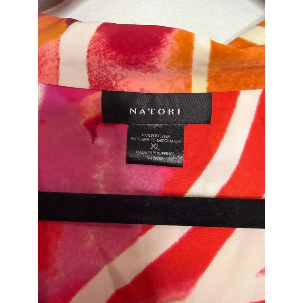 Natori Pajama Set Women's XL Pink Orange Abstract Floral Button Top Pants Lounge